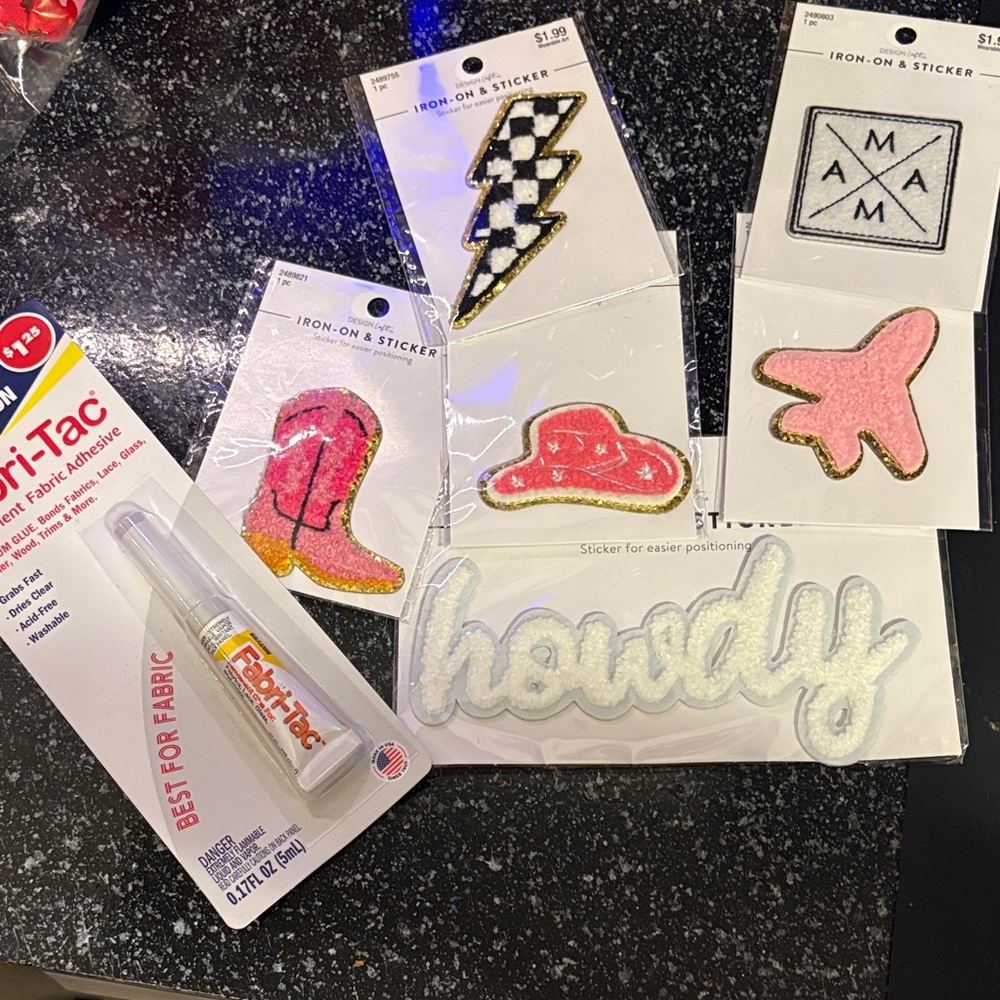 Assorted Iron-On Patches and Fabric Glue Set